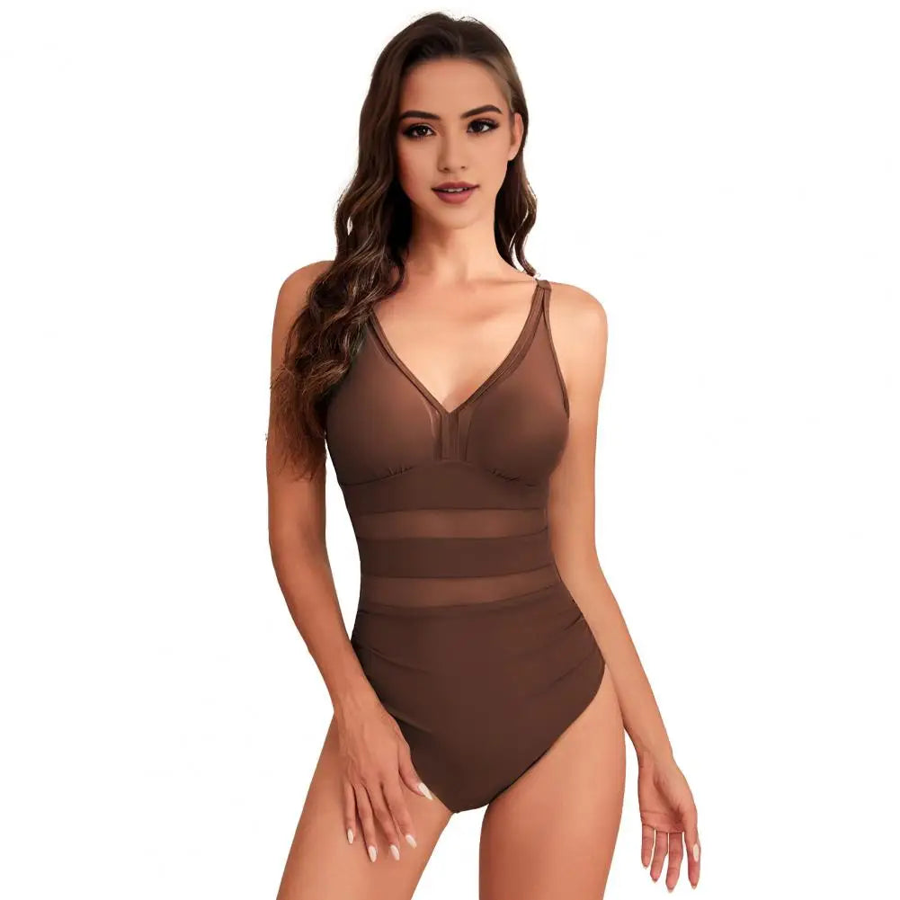 Hollow Mesh Splicing Monokini Swimsuit Stylish Women's Mesh Splicing One-piece Swimsuit Tummy Control V-neck Monokinis Beachwear