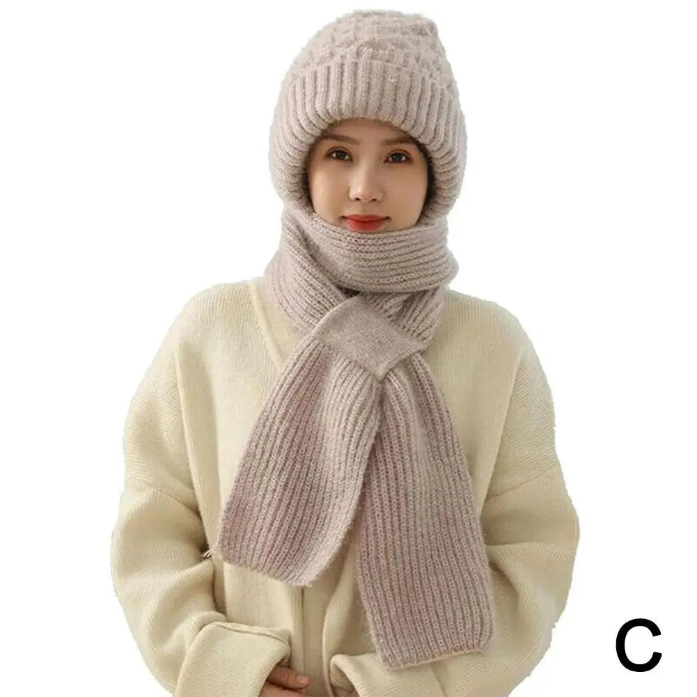Winter Knitted Integrated Hat Scarf Set Cold Proof Ear Protection Scarf Warm Beanies Cycling Windproof Ladies Outdoor Caps