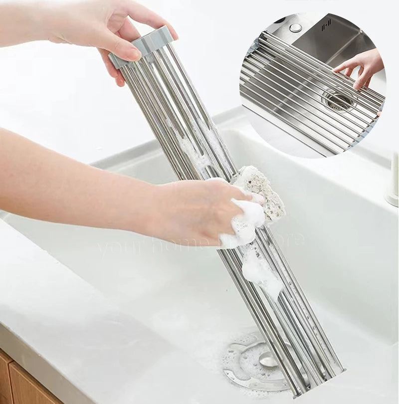 Kitchen Rolling Dish Drainer Roll Up Dish Drying Rack Over The Sink kitchen accessories,storage organization Foldable bowl shelf