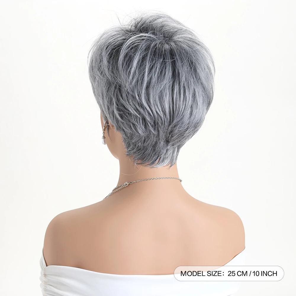 Short Natural Wigs with Bangs Soft Mommy Hair Daily Use Short Grey Ombre Curly Synthetic Hair Costume Party Wig for Women