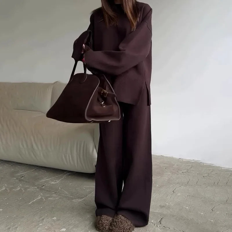 2025 Solid Color Knitted Sweater Two Piece Set Women Fashion Loose O Neck Knitting Pullover Trousers Sets Female Simple Style