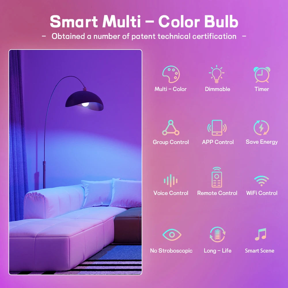 220V 110V WiFi Smart LED Bulb 9W 10W E27/E26 RGB+CCT Indoor Light Alexa Google Home Together APP Timing Dimming