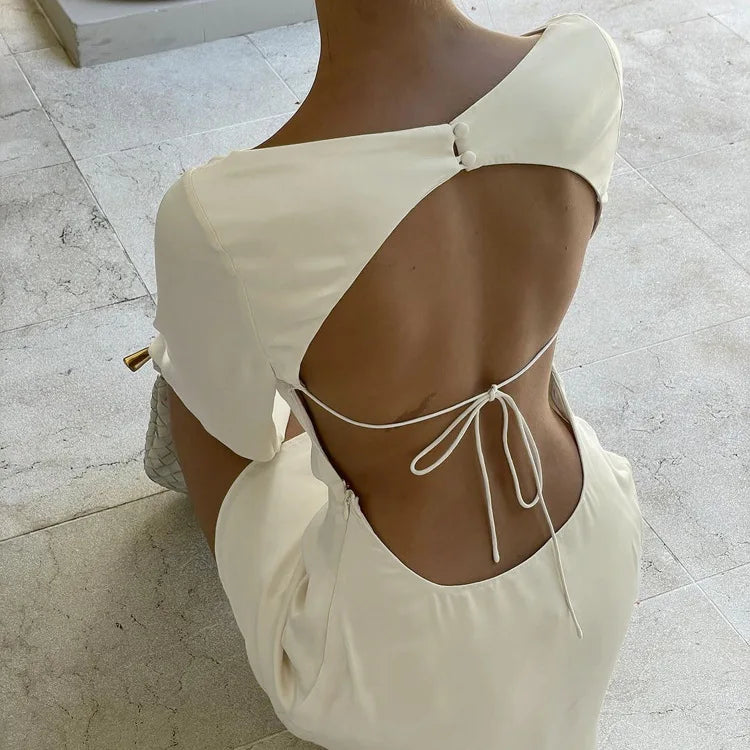 Tuularose Satin Backless Dress Women's Sexy Hollow Lace Up Long Sleeve A-Line Short Dress Elegant Swing Neck Party Evening Dress