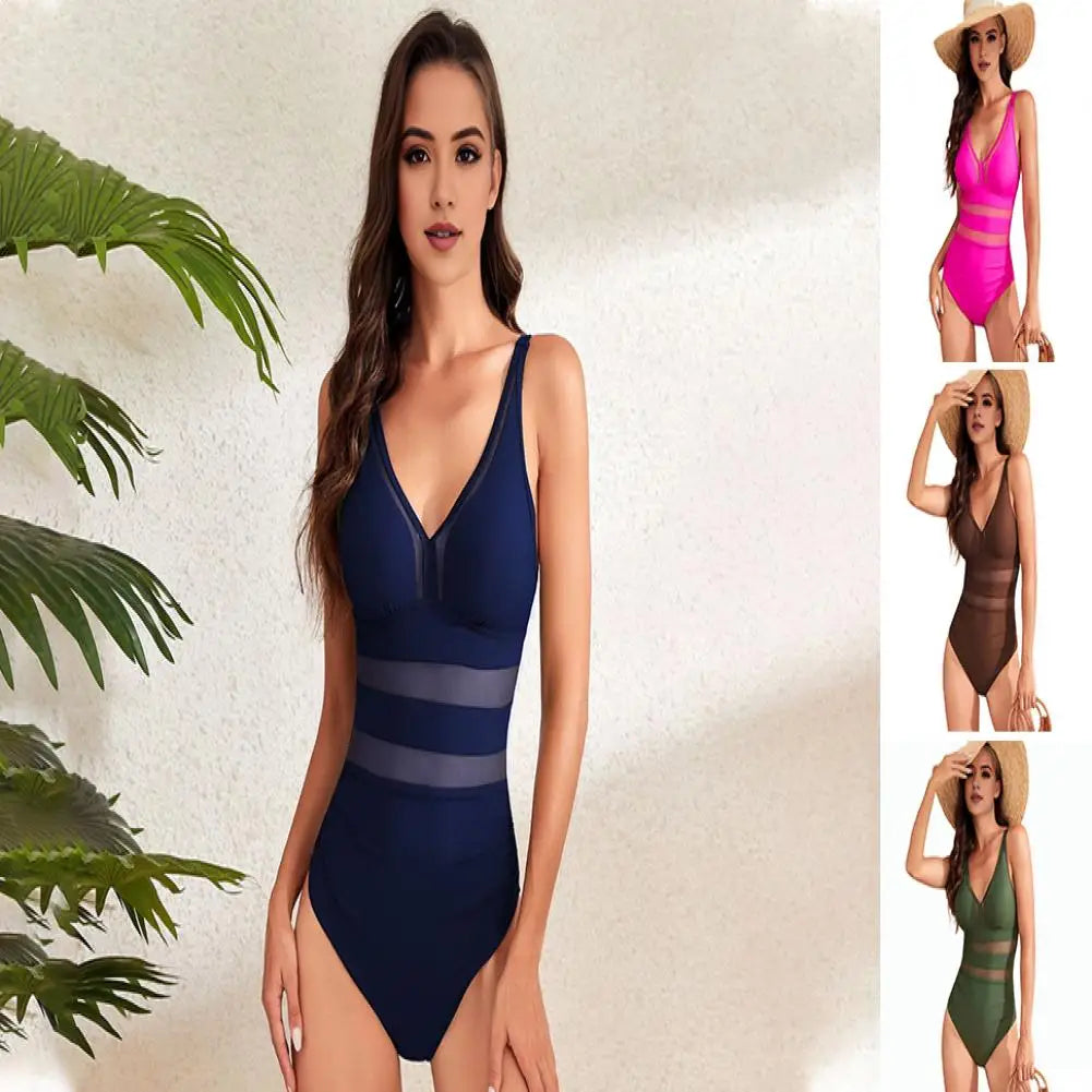 Hollow Mesh Splicing Monokini Swimsuit Stylish Women's Mesh Splicing One-piece Swimsuit Tummy Control V-neck Monokinis Beachwear