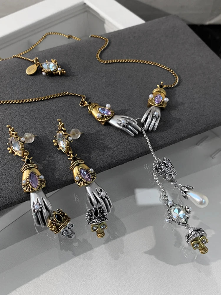 HUANZHI Retro Skeleton Hands Zircon Drop Earrings for Woman Hip-hop Golden Crown Skeleton Dangle Earrings Jewelry Wholesale Gift