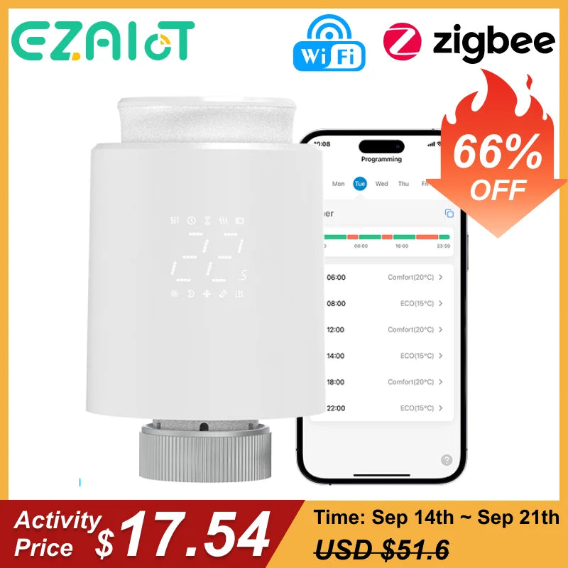 Smart Thermostat TRV Radiator Valve Zigbee/WiFi Tuya Actuator Head Remote Temperature Controller Voice Control Alexa Google Home