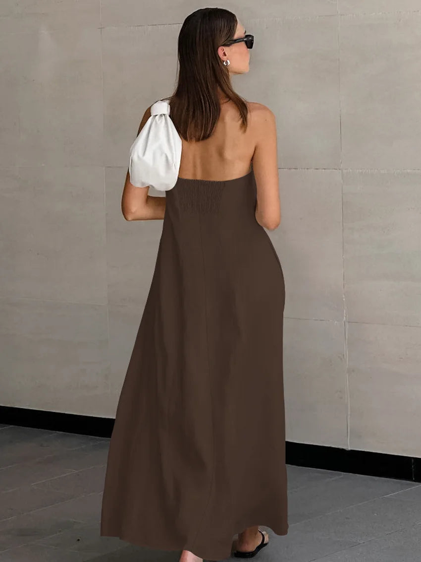 Minimalist Cotton Linen Design Strapless Dress Summer Women's Personal Street Elastic Backless Pocket Vacation Beach Dress