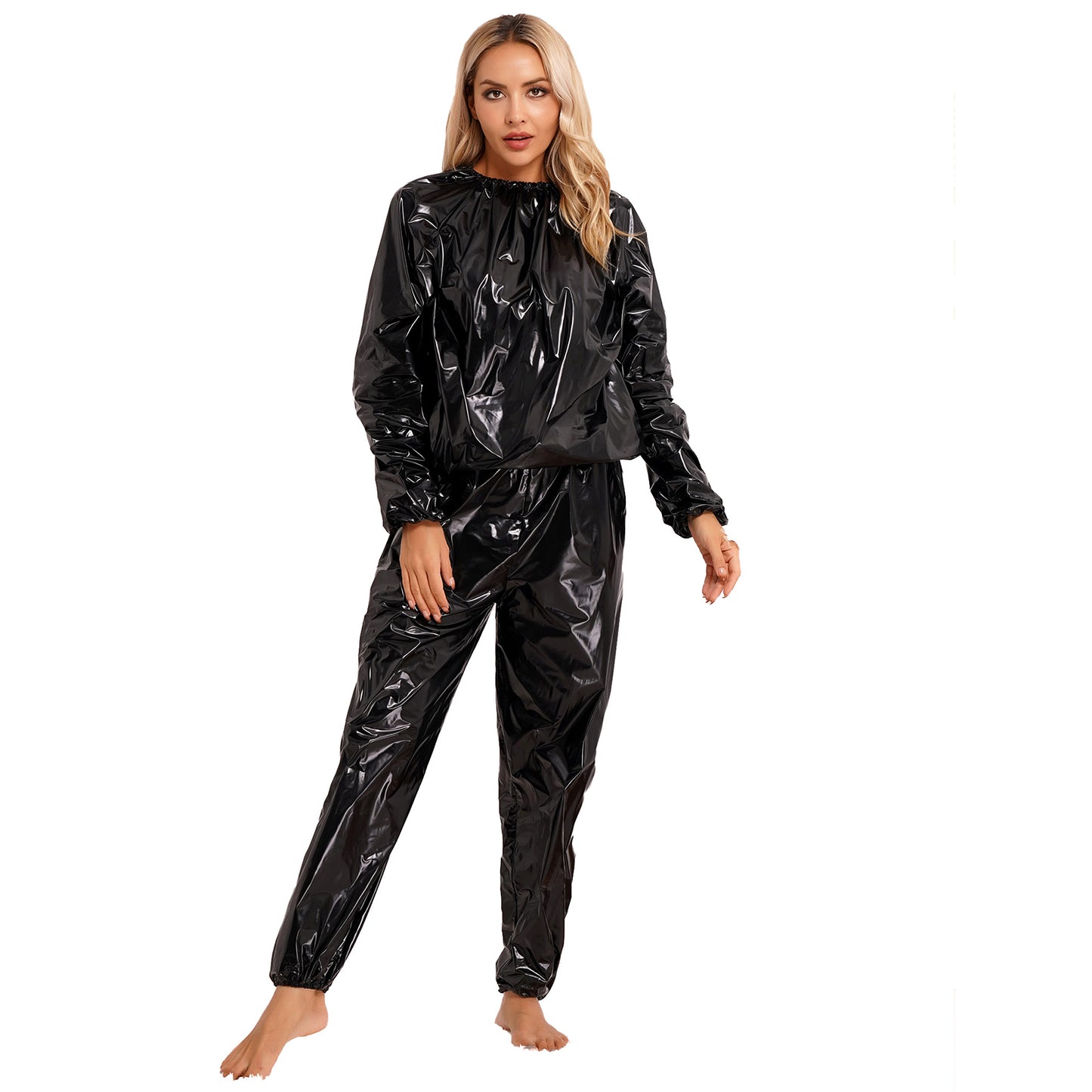 2Pcs Women Sauna Suit PVC Long Sleeve Elastic Cuff Top Pants Set Fitness Gym Workout Outfit Sweat Suits for Adults Clothes Sets