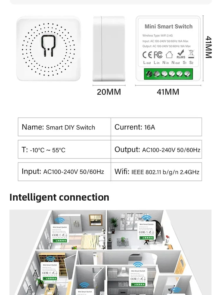 16A/20A Wifi Smart Switch DIY Smart Home Light Switches Module 2 Way Control Work with Tuya Smart Life Alexa Google Home Switch
