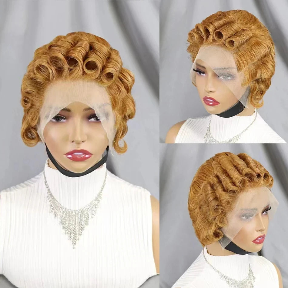 Pixie Cut Wig Short Curly Lace Front Human Hair Wigs For Black Women Raw Indian Finger Wave 13x4 Transparent Lace Frontal Wigs