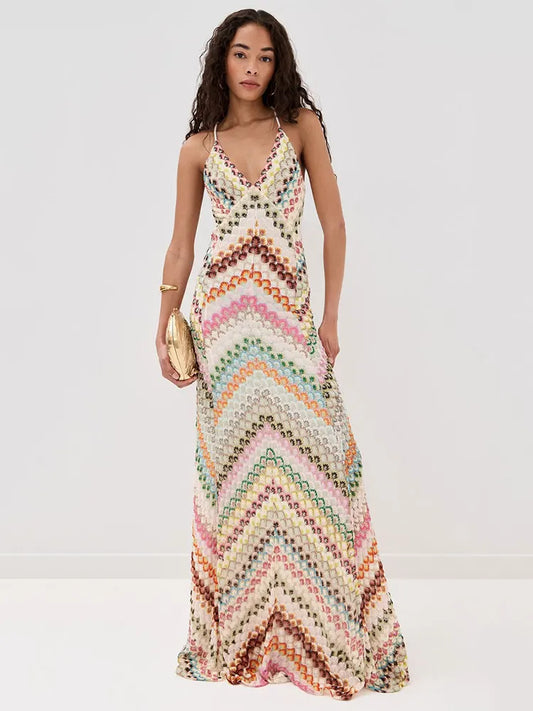 GACVGA Sexy Crochet V Neck Halter Maxi Dress Women New Summer Fashion Sleeveless Backless Slim Knitted Long Dress