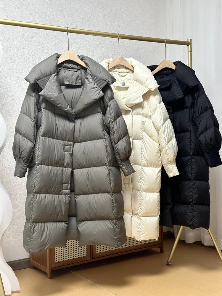 Schinteon Women White Duck Down Long Jacket Autumn Winter Warm Casual Over Size Loose Outwear Soft Comfortable Fashion Coat New