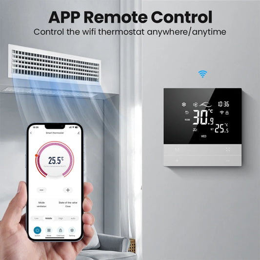 AVATTO Tuya WiFi Smart Central Air Conditioning Thermostat,Heating And Cooling Function 3 Speed Fan Coil For Alexa Google Home