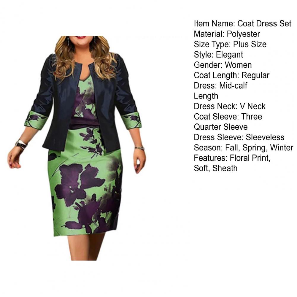 2 Pcs/Set Women Coat Dress Suits Set Floral Print Sheath Midi Dress Open Stitch Dress Suit Jacket Women Outfit Set