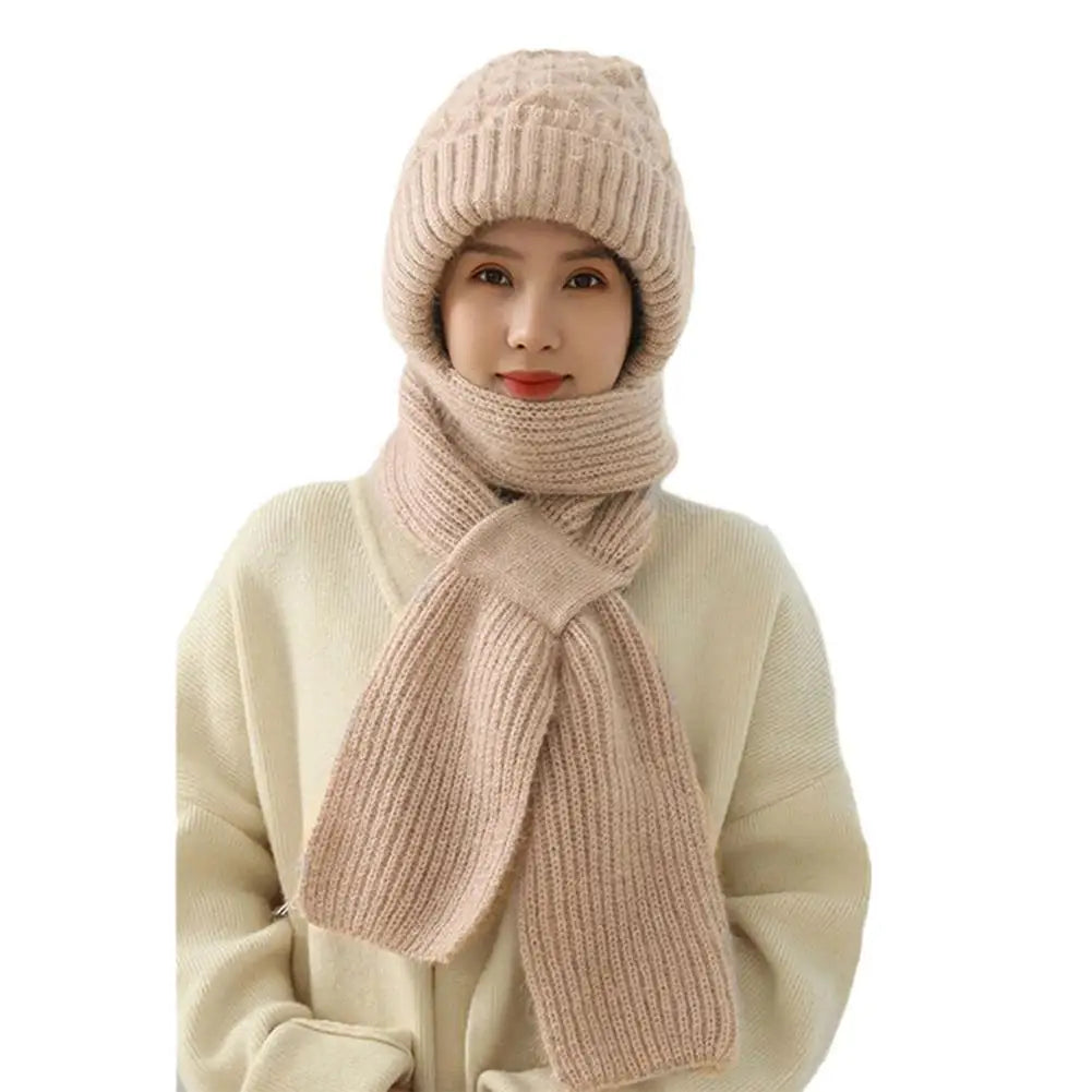 Winter Knitted Integrated Hat Scarf Set Cold Proof Ear Protection Scarf Warm Beanies Cycling Windproof Ladies Outdoor Caps