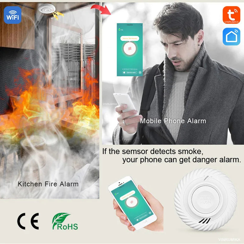 Built-in 10 Year Battery Smoke Detector WiFi Function Tuya Smart Home Parlor Child Room Kitchen Shop Fire Sound Alarm SensorSmoke DetectorsGoWisse.com