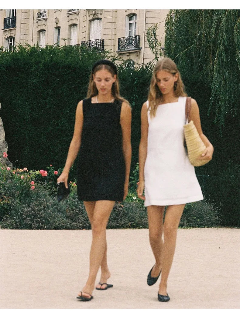 Dresses 2025 Woman Cotton Linen Square Collar Sleeveless Summer White Black Short Mini Holiday Beach Streetwear Elegant Vestidos