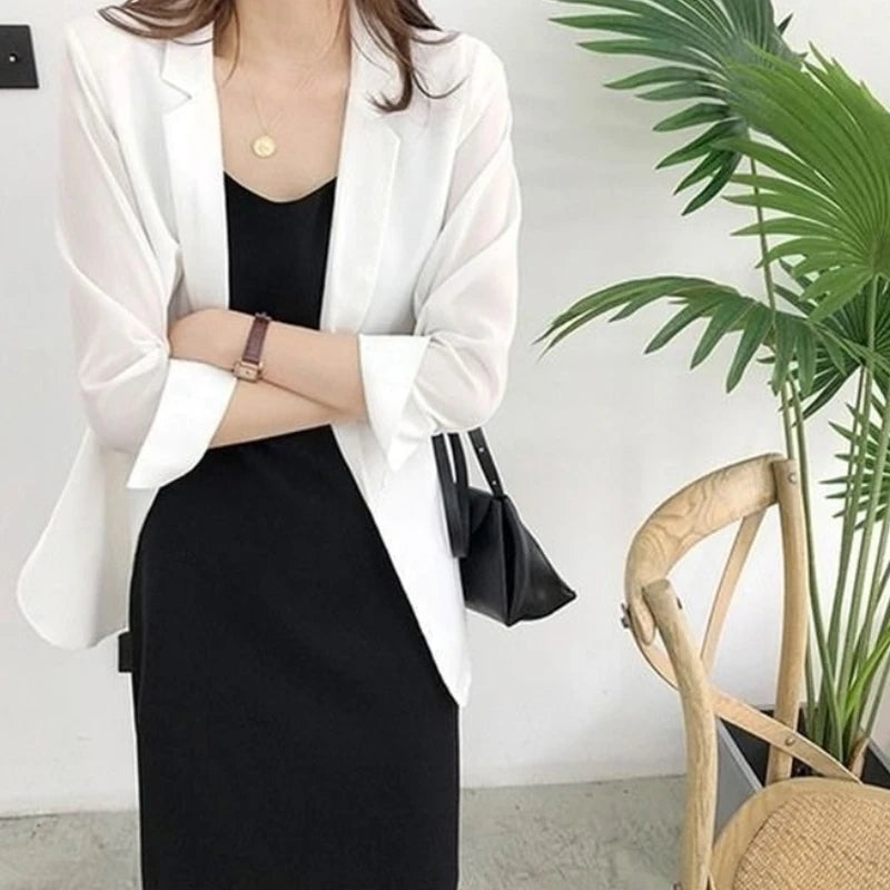 Spring Women Thin Blazers Sun Protection Suit 2025 Female Summer Black Blazer Three Quarter Sleeves OL Slim Coats Ladies Tops
