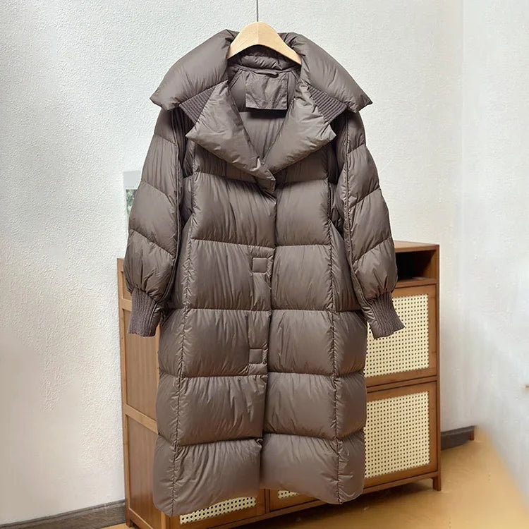 Schinteon Women White Duck Down Long Jacket Autumn Winter Warm Casual Over Size Loose Outwear Soft Comfortable Fashion Coat New