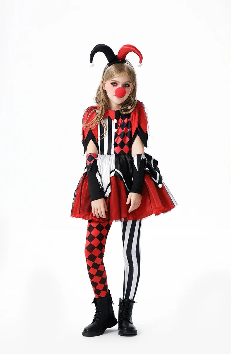 Naughty Girls Clown Costume Kids Circus Scary Tutu Dress Halloween Cosplay Costumes Carnival Party Jester Dress Up Full Set