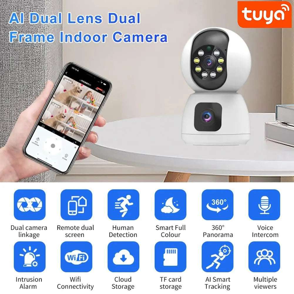 8MP Dual Lens Tuya 5G WIFI IP Camera 4K HD Dual Screen PTZ Home Security Camera Auto Tracking Indoor Wireless Video Surveillance