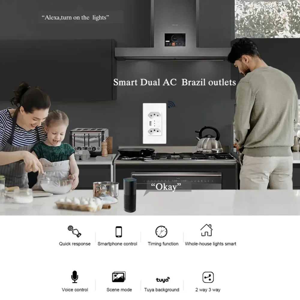 Melery Brazil WiFi Smart Wall Socket USB Tuya Electrical Plug Outlet PC/Glass Panel Alexa Google Home,Whole House Intelligence