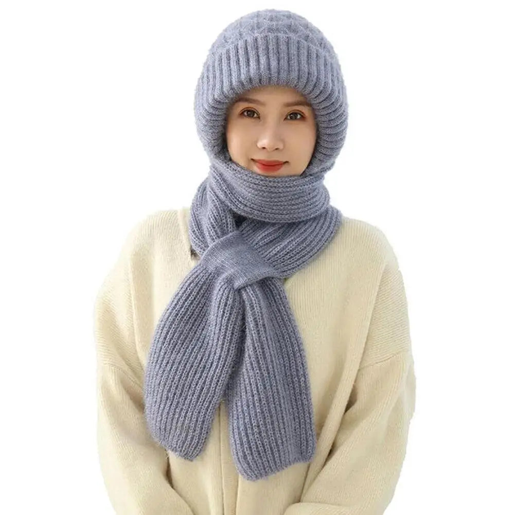 Winter Knitted Integrated Hat Scarf Set Cold Proof Ear Protection Scarf Warm Beanies Cycling Windproof Ladies Outdoor Caps