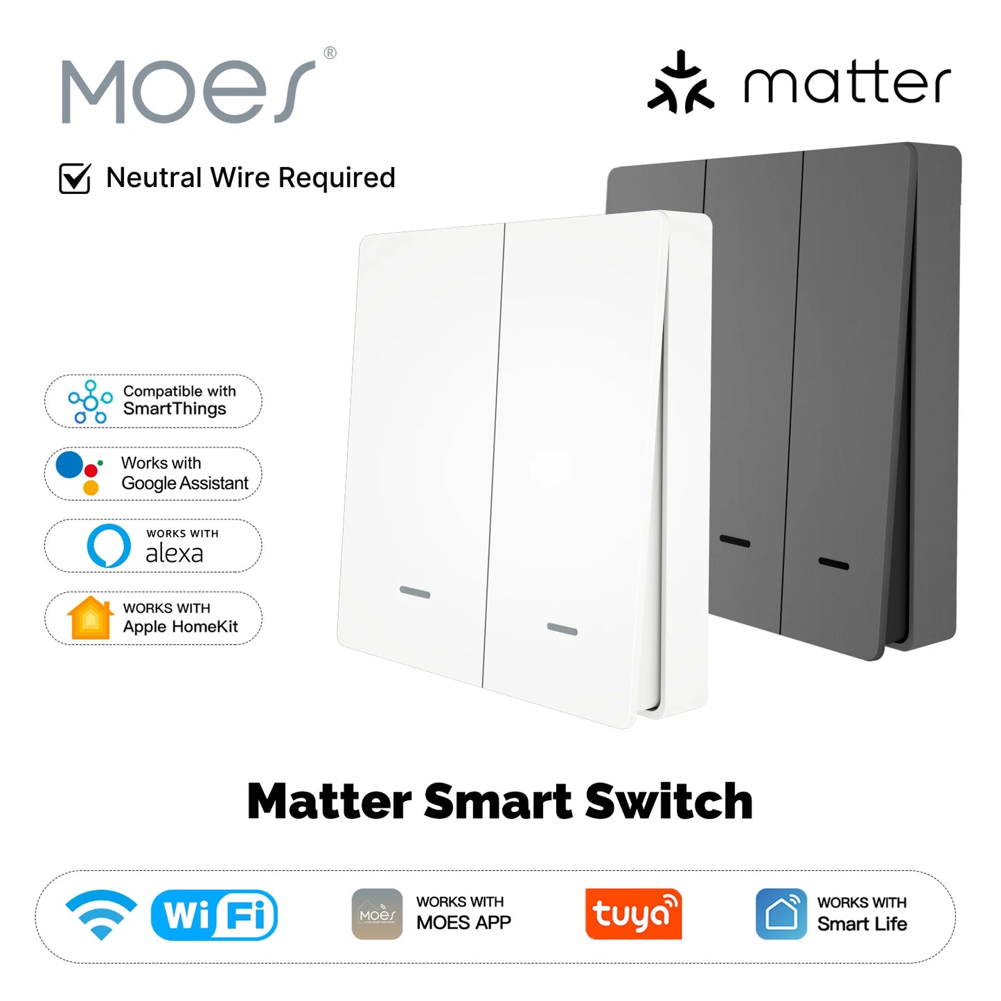 MOES WiFi Matter Smart Switch Light Button Tuya Remote Control EU Verison Work With Alexa Google Home Apple Homekit Smartthings