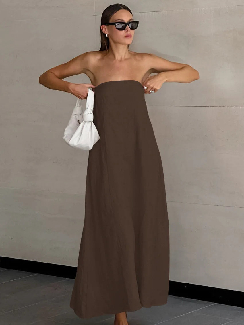 Minimalist Cotton Linen Design Strapless Dress Summer Women's Personal Street Elastic Backless Pocket Vacation Beach Dress