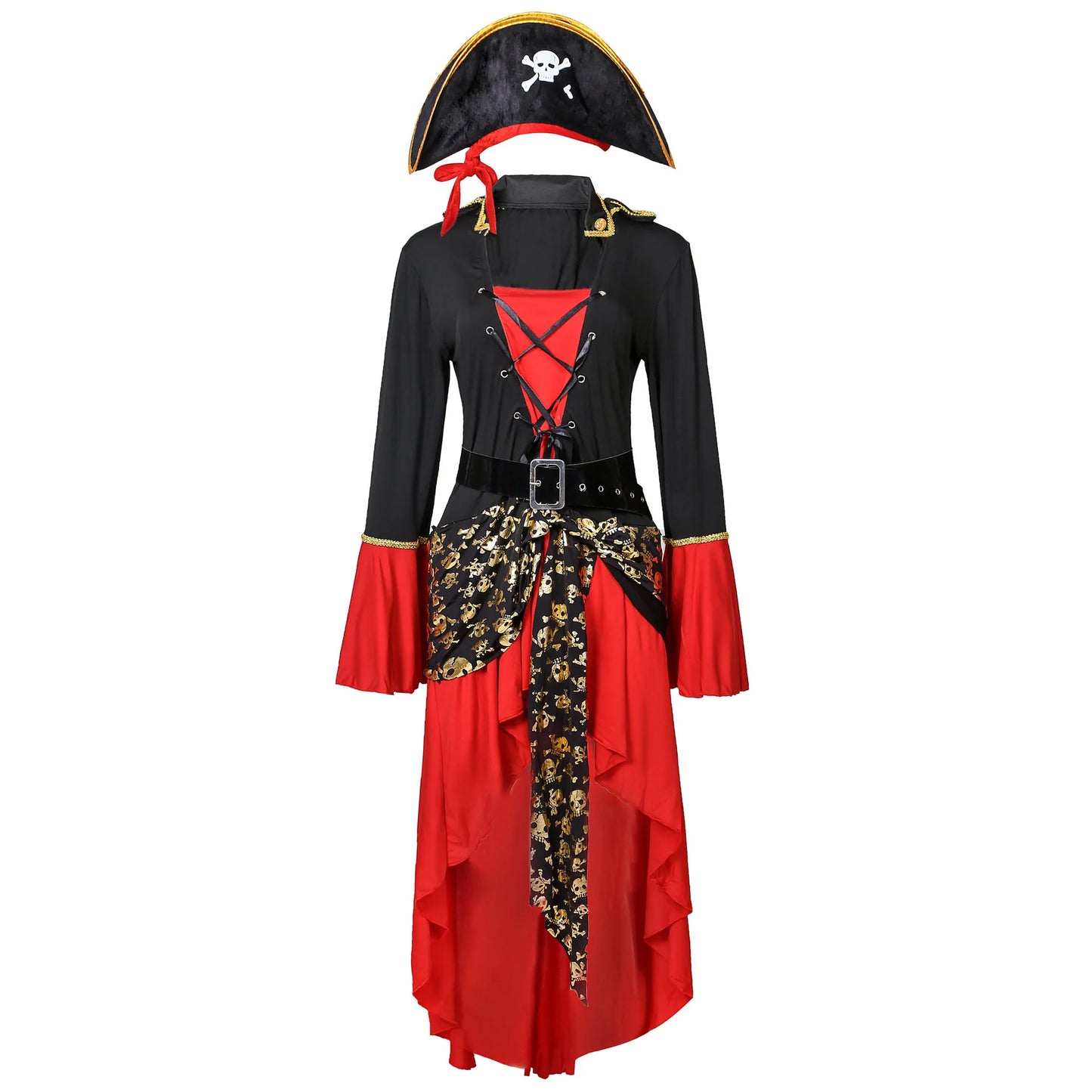 S-3XL Black Red Dress With Belt Pirate Hat Role Playing Cosplay Costume Halloween Women Sexy Underwear With Long Sleeves