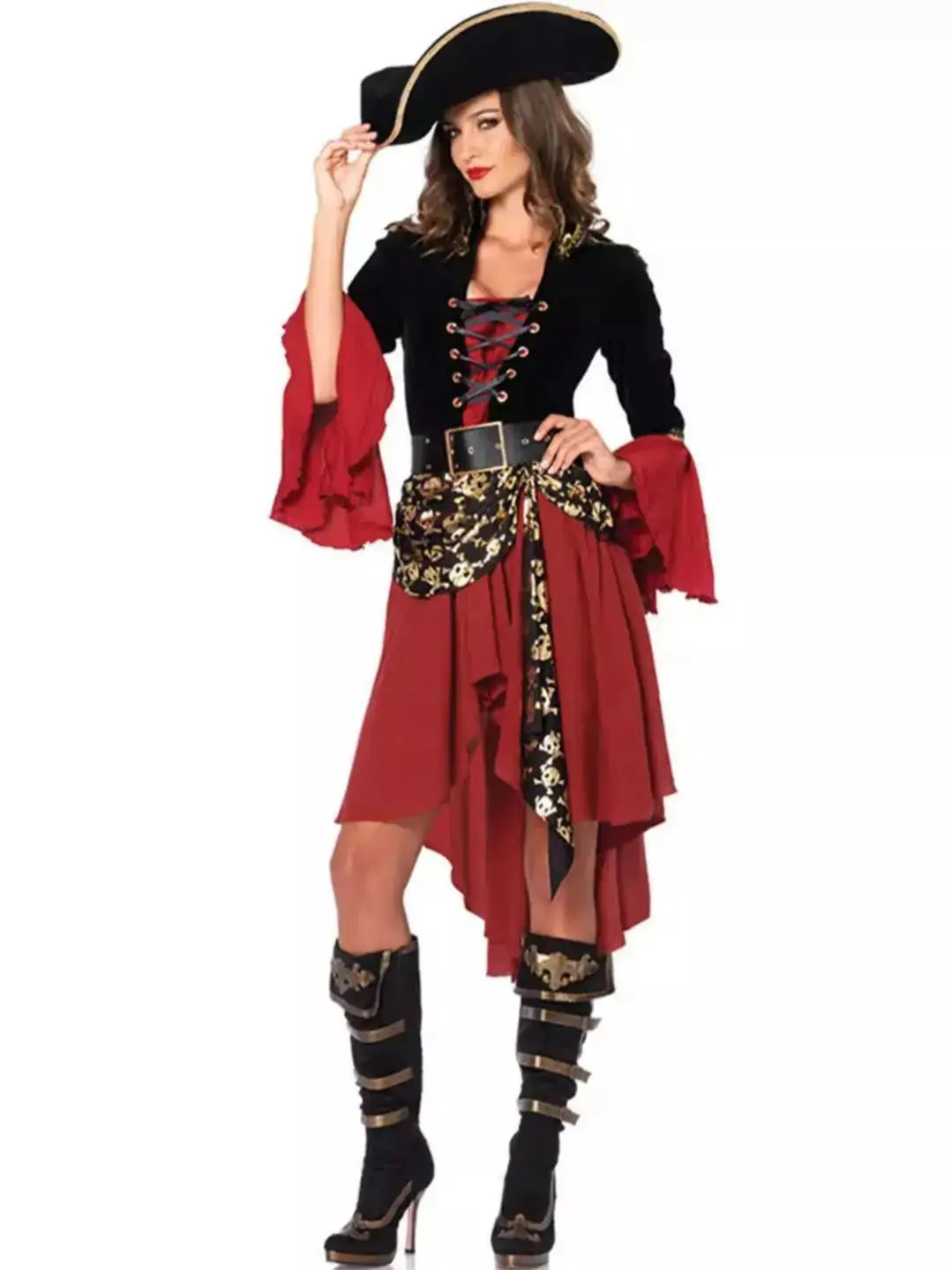 S-3XL Black Red Dress With Belt Pirate Hat Role Playing Cosplay Costume Halloween Women Sexy Underwear With Long Sleeves