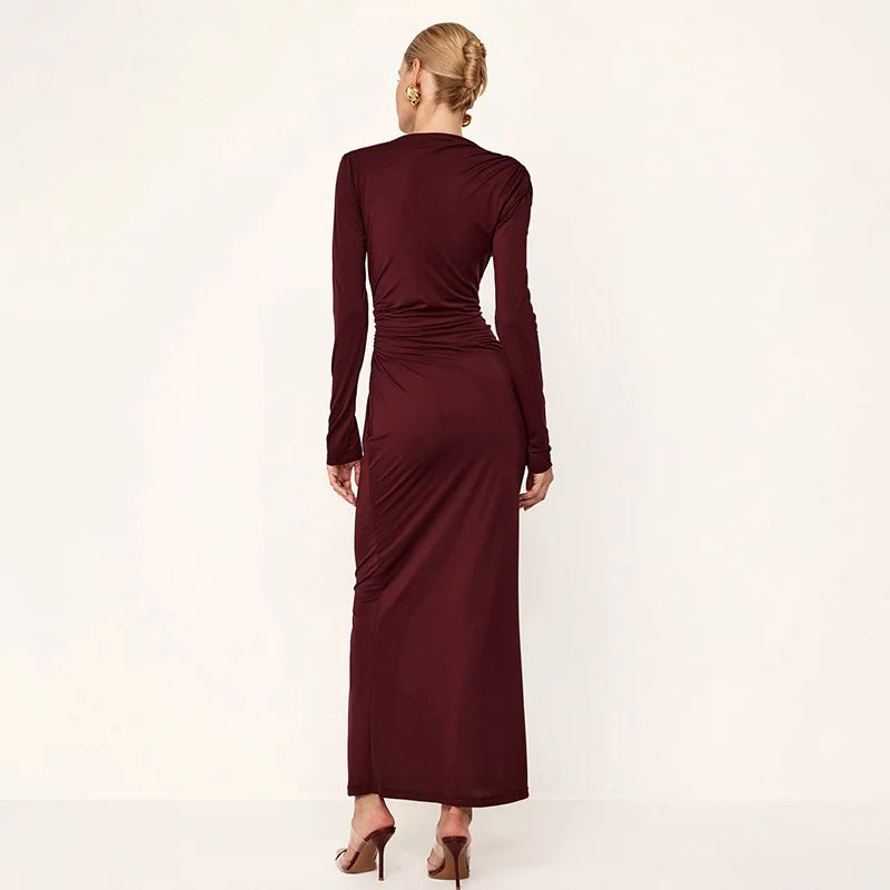 Tossy Pleated Slim Fashion Maxi Dress For Women Elegant High Waist Long Sleeve Bandage Autumn Dress Ladies Patchwork Long Dress