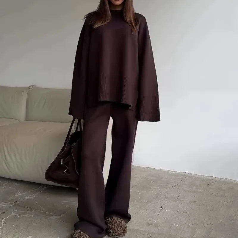 2025 Solid Color Knitted Sweater Two Piece Set Women Fashion Loose O Neck Knitting Pullover Trousers Sets Female Simple Style