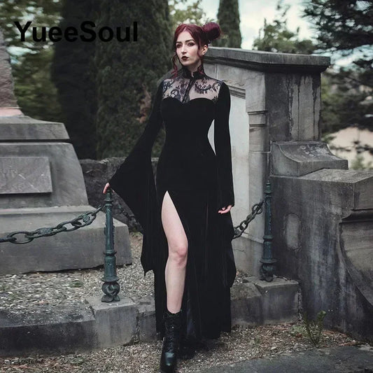 Halloween Gothic Grunge Punk Women Dress Long Sleeve Lace Slim Black Dresses 2025 New Y2K Harajuku Lolita Fairy Core Party Dress