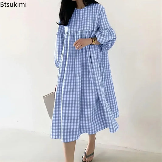 New 2025 Vintage Check Dresses for Women Fashion Puff Sleeve Casual Midi Dress Females O-neck Loose Robe Summer Oversize Vestido