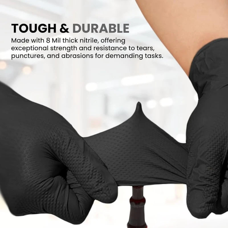 10/30/50PCS Heavy Duty Black Nitrile Gloves Disposable 8mil Industrial Raised Diamond Texture Gloves Mechanic Safety Work Gloves
