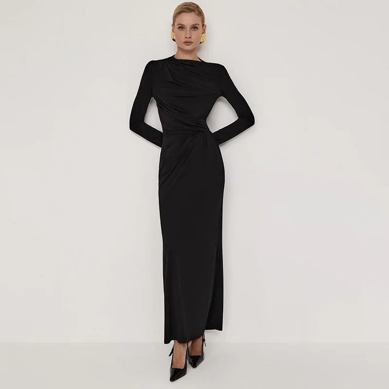 Tossy Pleated Slim Fashion Maxi Dress For Women Elegant High Waist Long Sleeve Bandage Autumn Dress Ladies Patchwork Long Dress