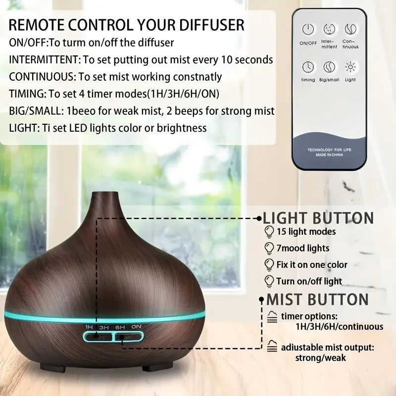 550ml Aromatherapy Essential Oil Diffuser Wood Grain Remote Control Ultrasonic Air Humidifier Cool 7 Color LED Light With 6 Oils
