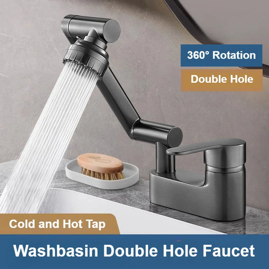 Double Hole Basin Faucets Bathroom Cold and Hot Mixing Tap 2 Modes Nozzle Faucet Sink Basin 360° Rotation Mixing Valve