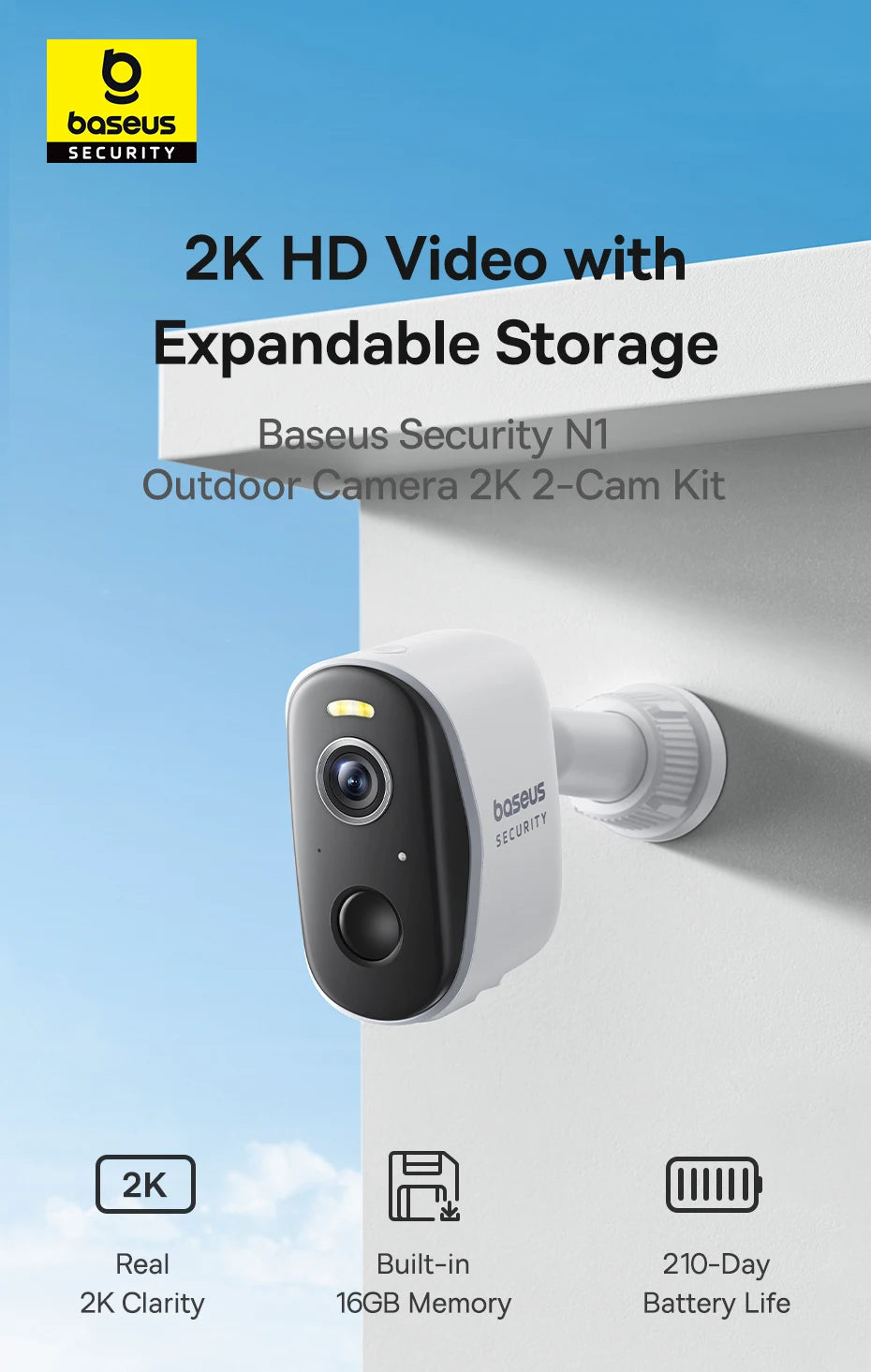 Baseus Security Protection Outdoor Camera N1 Series 2K 2-Cam Kit Wireless Home Security 210-Day Battery Life HomeKit 16TB Memory