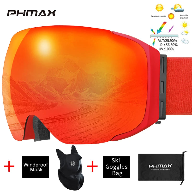 PHMAX Magnetic Ski Goggles UV400 Skiing Eyewear Anti-fog Lens Women Men Winter Outdoor Sports Mountain Snowboard Big Snow Goggle
