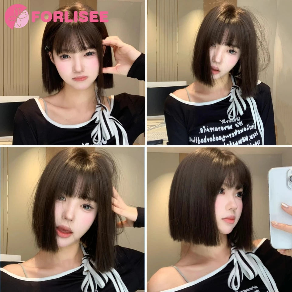 FORLISEE Synthetic Wig Short Black Brown with Bangs for Women Bob Straight Wig High Temperature Daily Cosplay Party Wigs