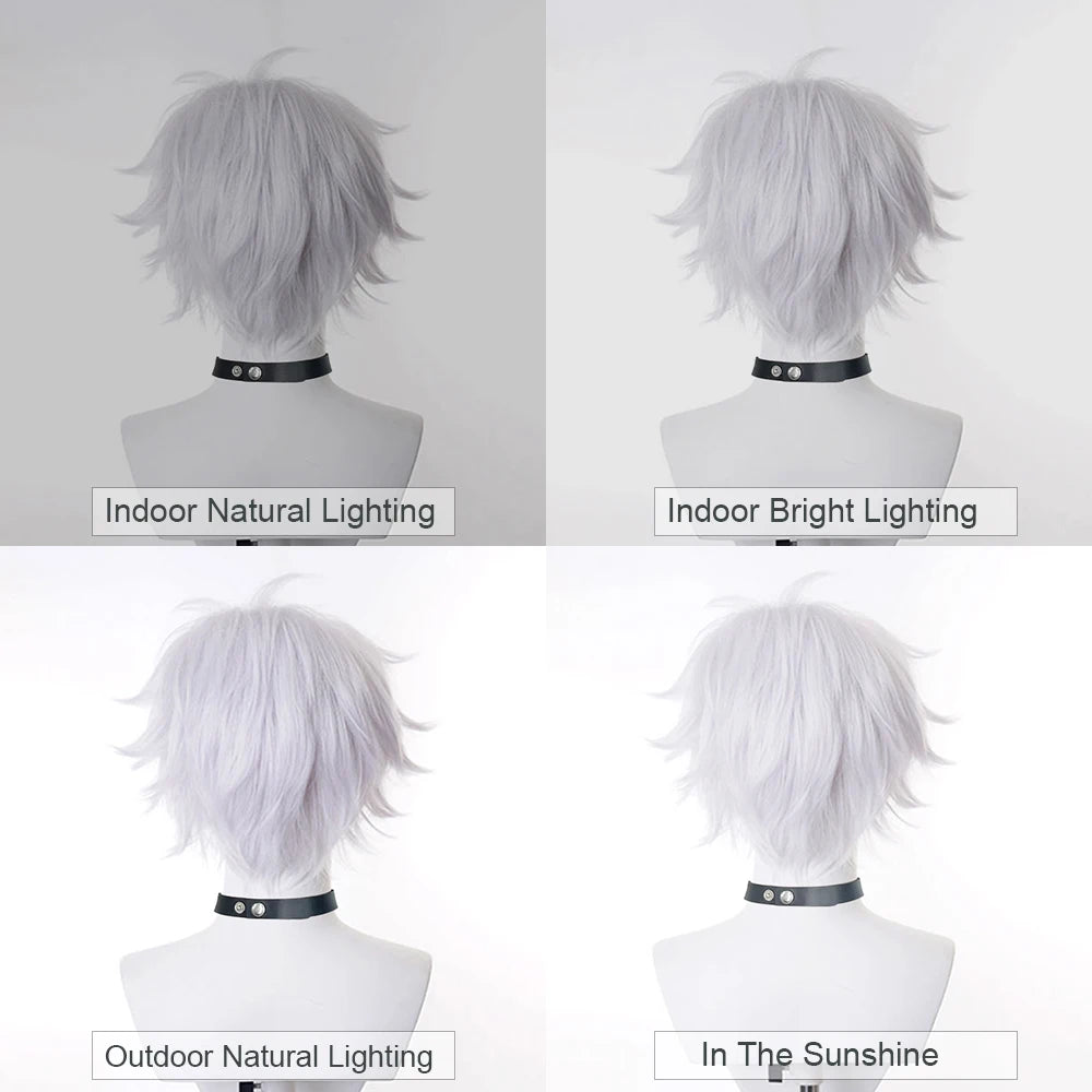 Short White Synthetic Straight Wig Anime Game Cosplay Heat Resistant Fluffy Men Wig for Daily Party