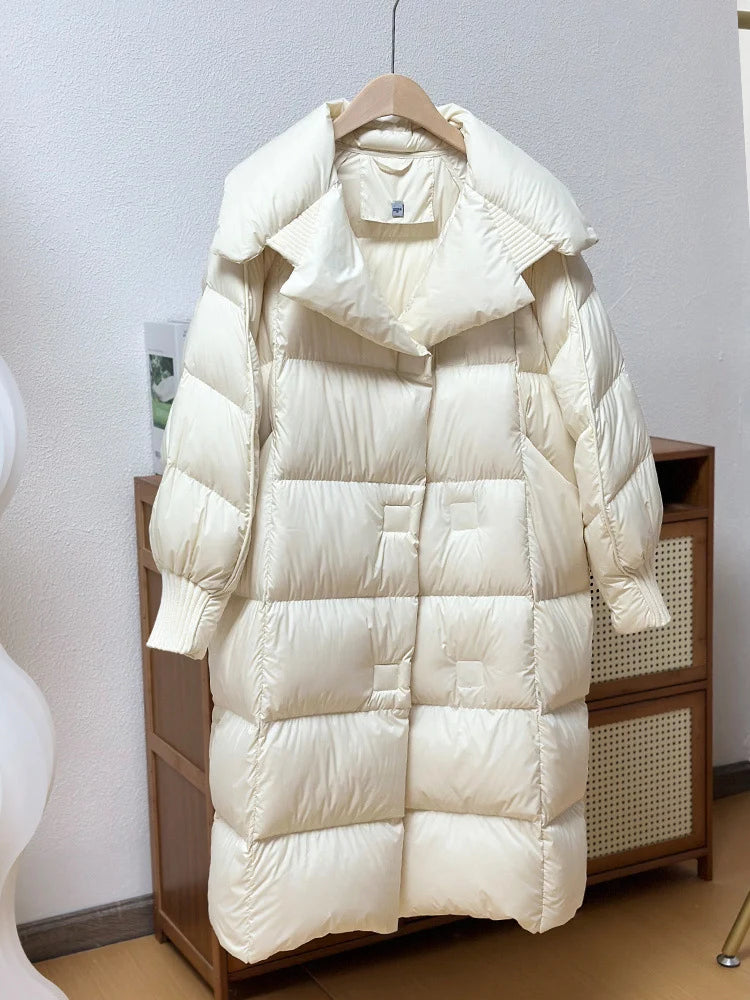 Schinteon Women White Duck Down Long Jacket Autumn Winter Warm Casual Over Size Loose Outwear Soft Comfortable Fashion Coat New