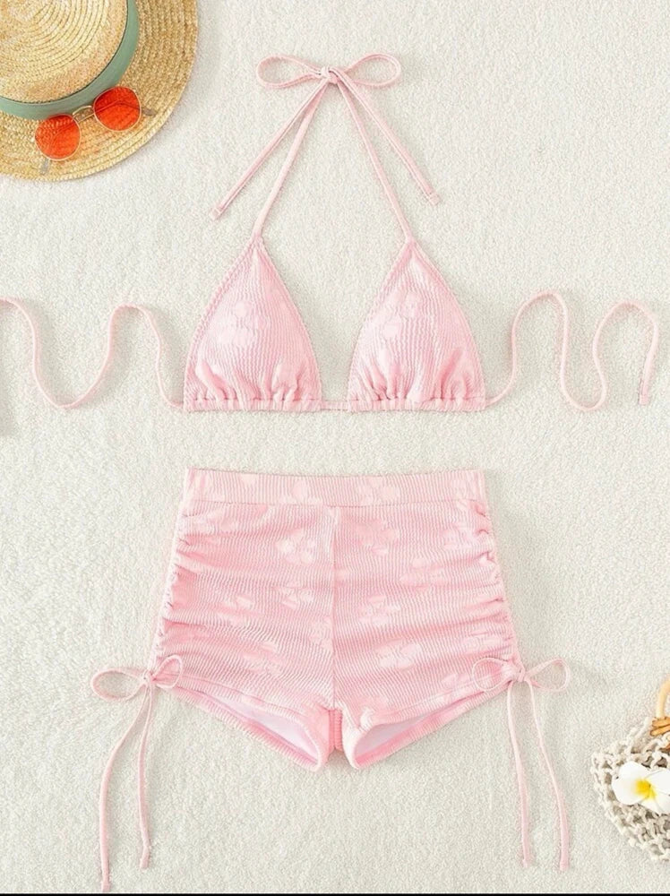 Special Fabric Neck Hanging Sexy Pink Swimsuit 2 Piece Set Halter Bikini Top Knot On The Edge Bikini Bottom 2025 Bathing Suit
