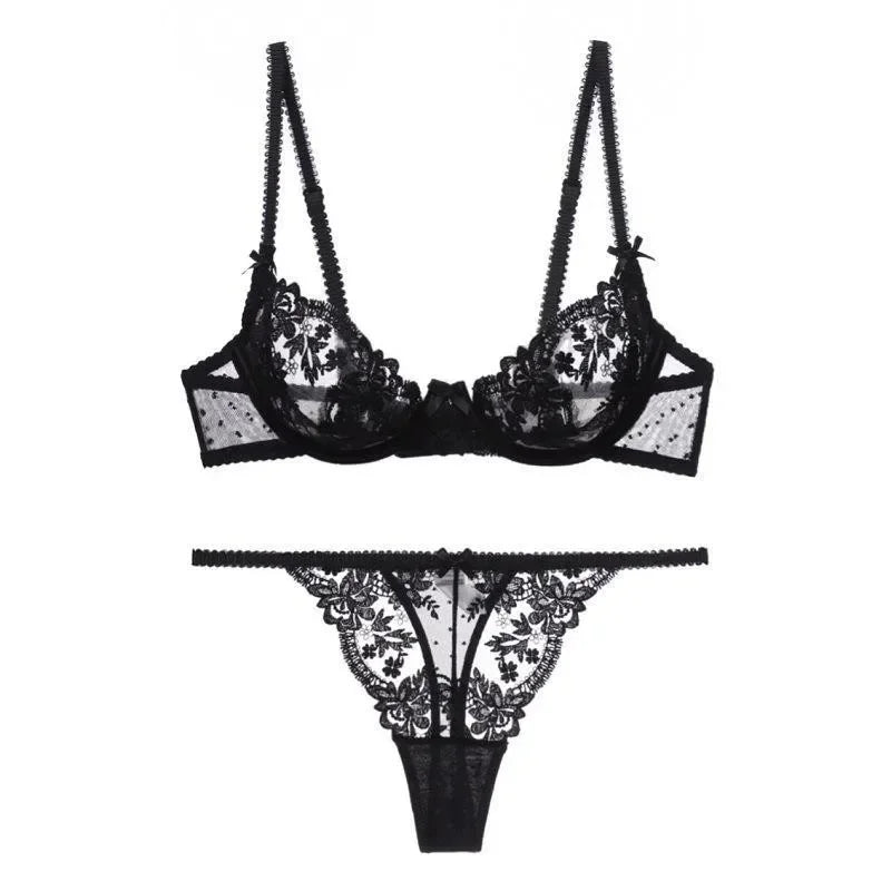 French Sexy Bra & Brief Set Lingerie Ultra-Thin See-Through Sexy Floral Lace Underwire Set Large Breasts Show Small Anti-Sag Bra