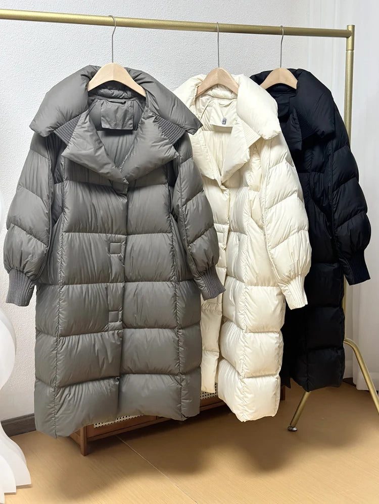 Schinteon Women White Duck Down Long Jacket Autumn Winter Warm Casual Over Size Loose Outwear Soft Comfortable Fashion Coat New
