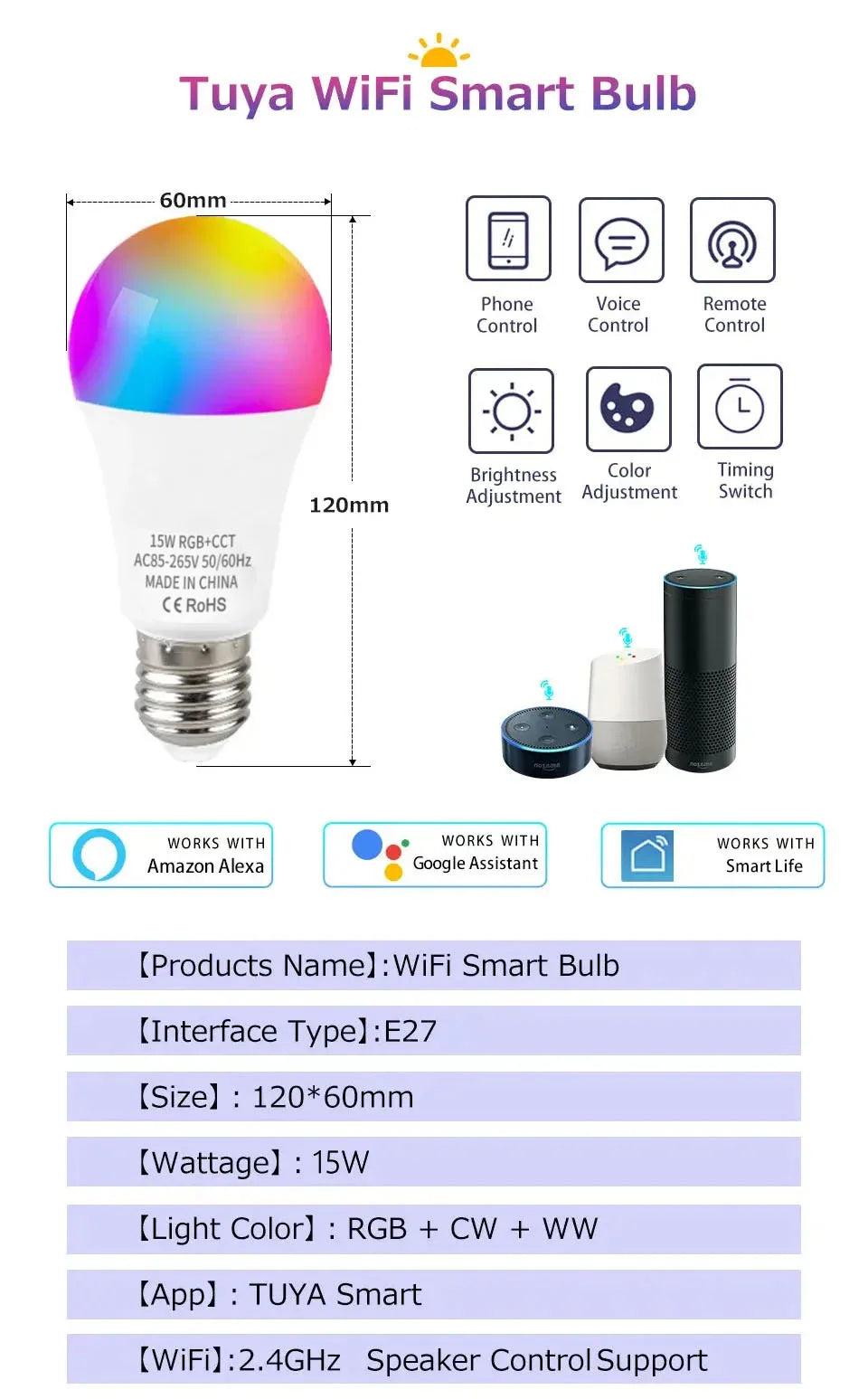 Tuya WiFi Bluetooth E27 Smart Bulb RGBCW 100-240V 15W LED Lamp E27 Light Bulbs App Voice Control Support Alexa Google Home Alice