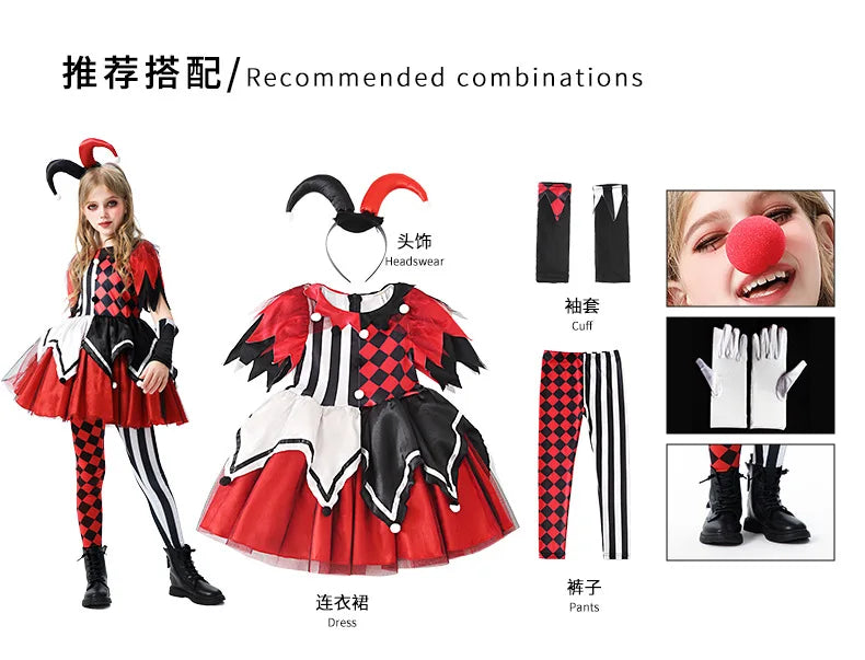 Naughty Girls Clown Costume Kids Circus Scary Tutu Dress Halloween Cosplay Costumes Carnival Party Jester Dress Up Full Set
