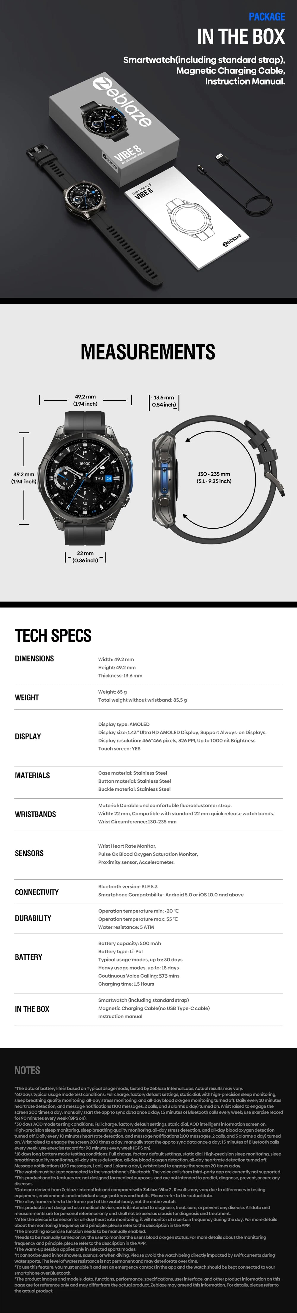 NEW 2025 Zeblaze VIBE 8 Voice Call Smart Watch 1.43" AMOLED Display Heart Rate Blood Pressure Multi-Sport Modes Smart Watch